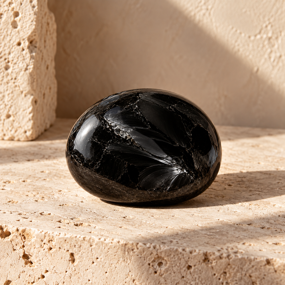 Sensorium Black Obsidian — Reflection, polished black obsidian on warm travertine