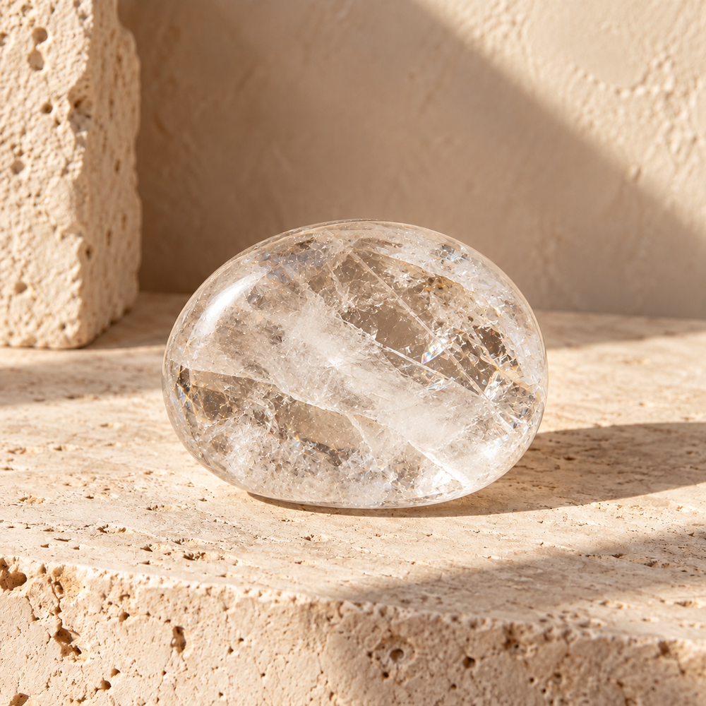 Sensorium Clear Quartz — Clarity, polished clear quartz on warm travertine