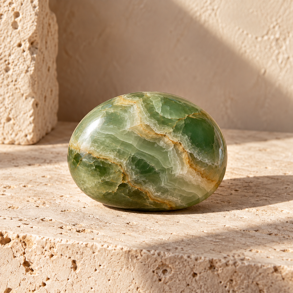 Sensorium Green Onyx — Renewal, polished green onyx on warm travertine