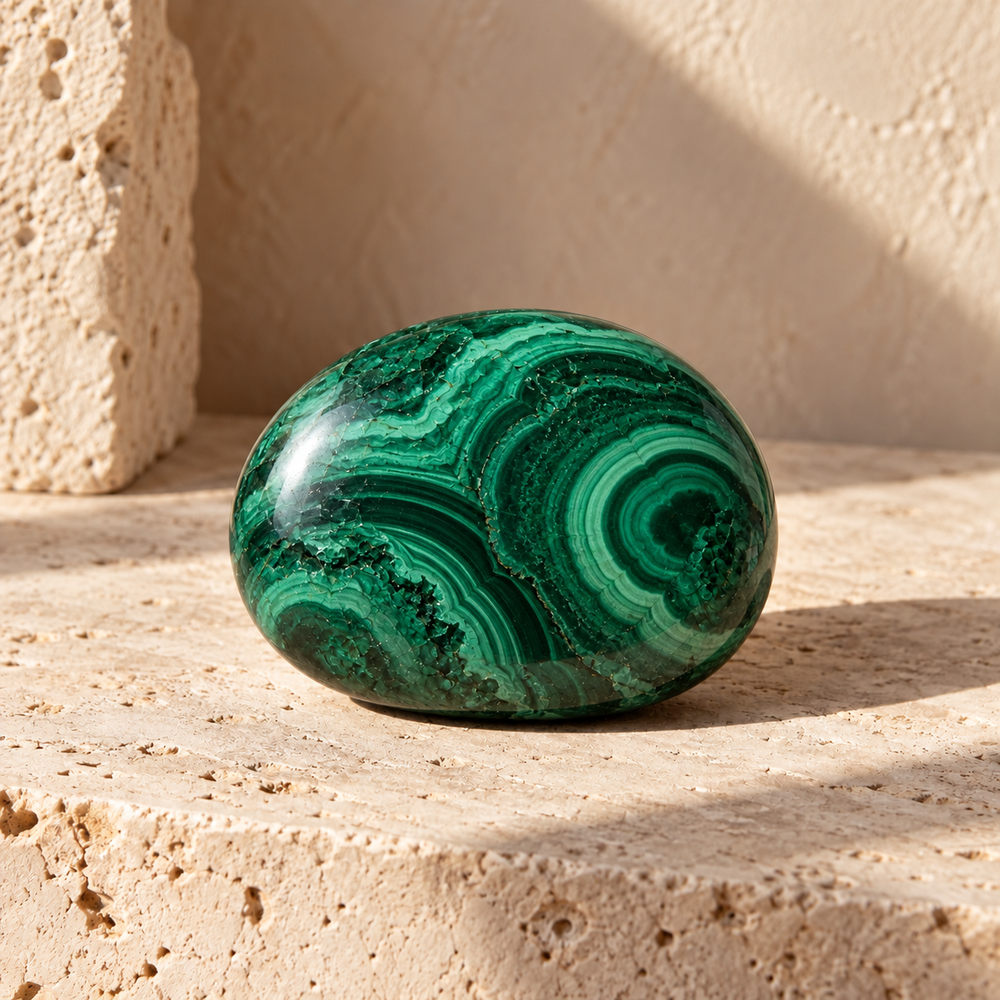 Sensorium Malachite — Evolution, polished malachite on warm travertine