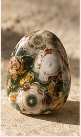 Sensorium Ocean Jasper — Flow, polished ocean jasper on warm travertine