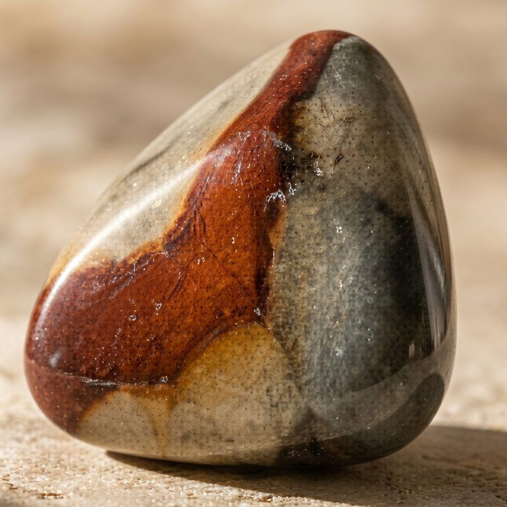 Sensorium Polychrome Jasper — Embodiment, polished polychrome jasper on warm travertine