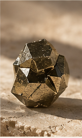 Sensorium Pyrite — Momentum, natural pyrite specimen on warm travertine