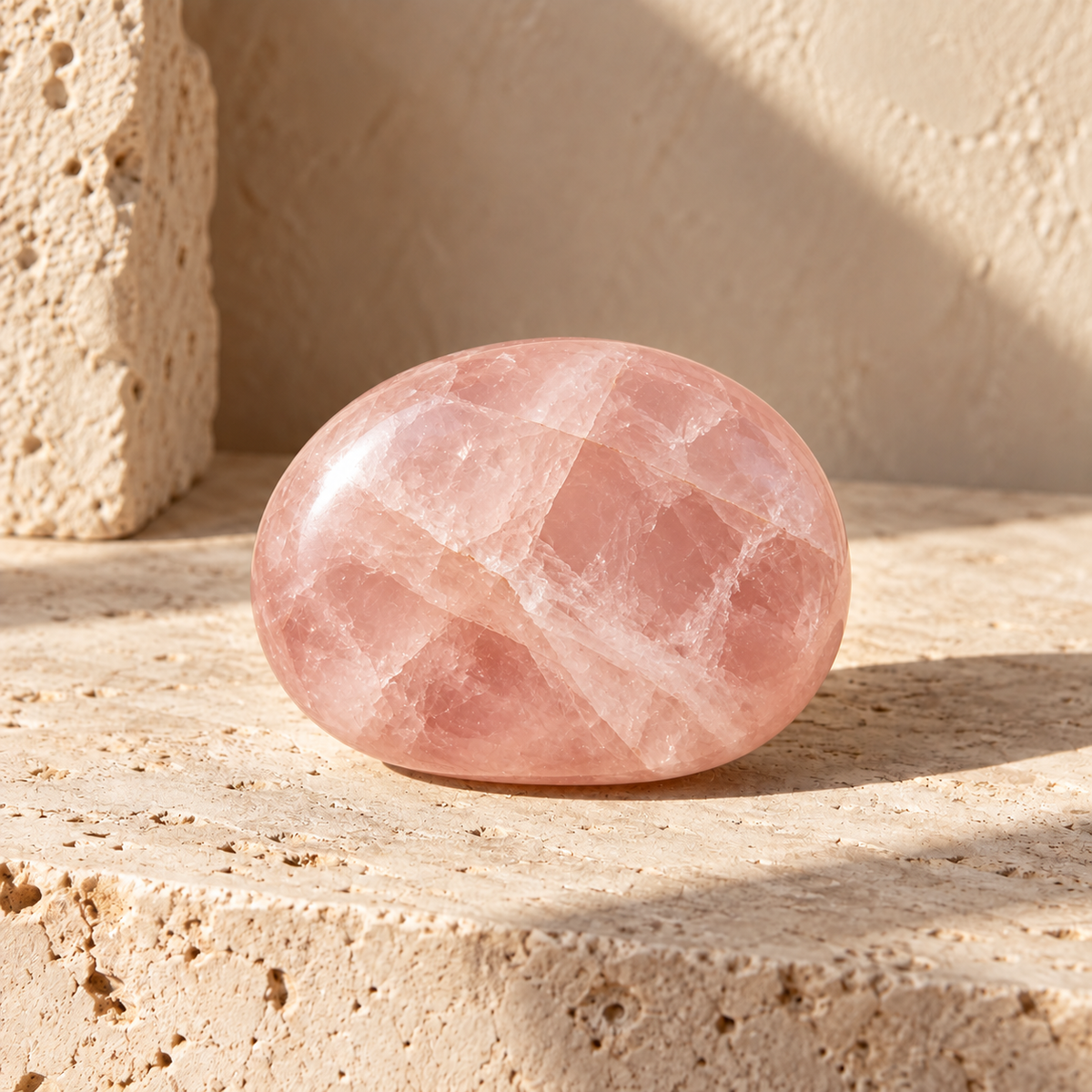 Sensorium Rose Quartz — Connection, polished rose quartz on warm travertine