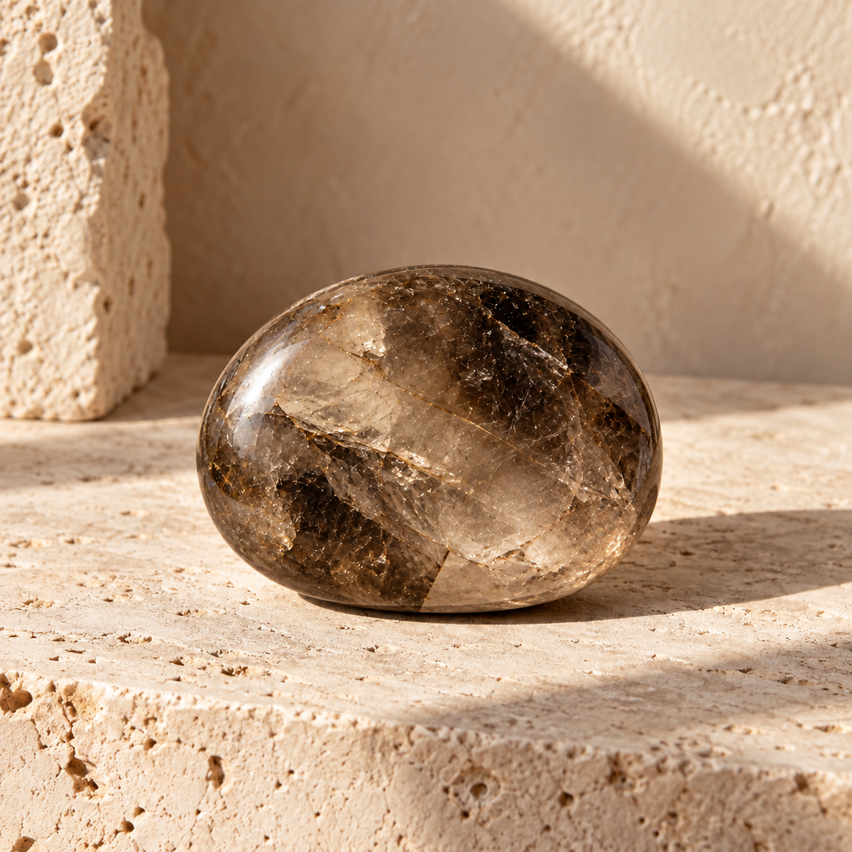Sensorium Smoky Quartz — Ground, polished smoky quartz on warm travertine