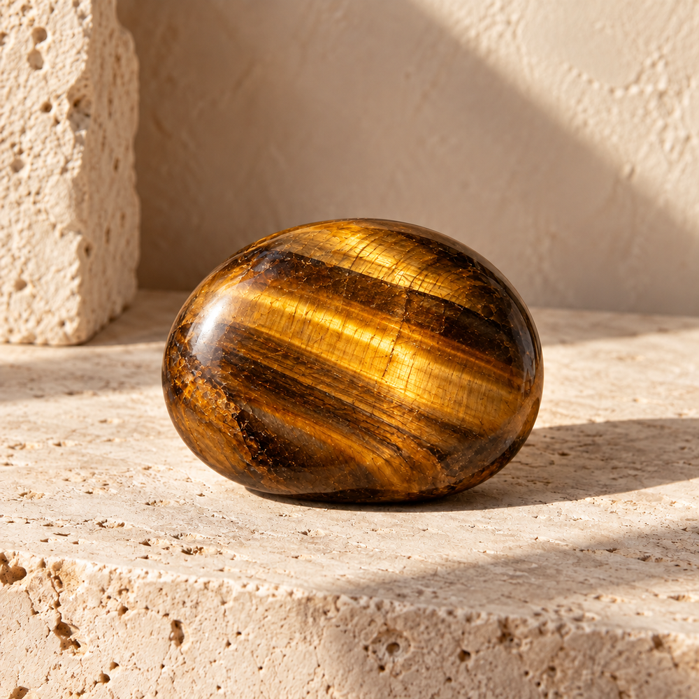Sensorium Tiger Eye — Resolve, polished tiger eye on warm travertine